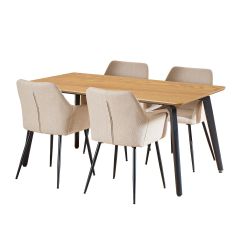 Nøra Laurens rechthoekige eettafel 160x90x75 cm + 4 eetkamerstoelen stof Basel - naturel/groen