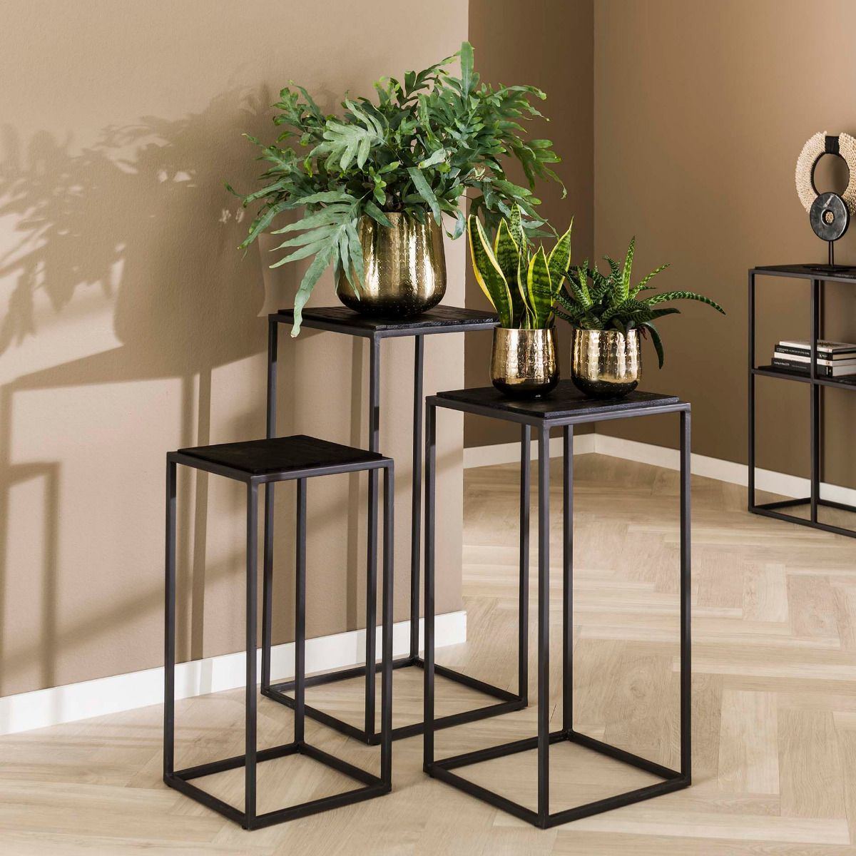 vervormen Druif Roman Peet plantentafel set van 3 zwart teakhout van het woonmerk Fraaai