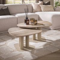 Fraaai Elian salontafel driehoekig set van 2 - 3D travertin zand