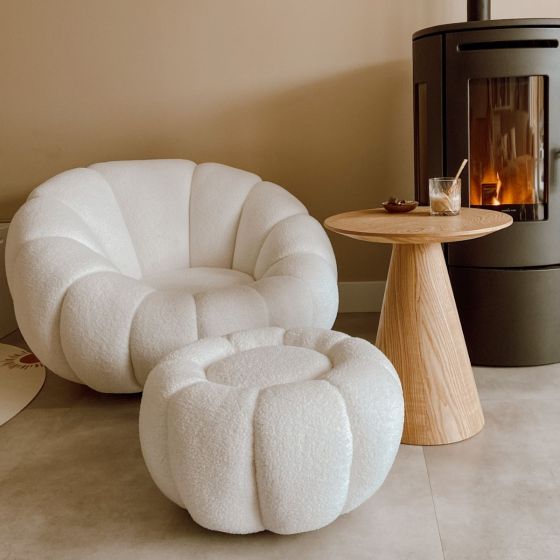 Olivia fauteuil teddy wit (incl. hocker) - Showroommodel