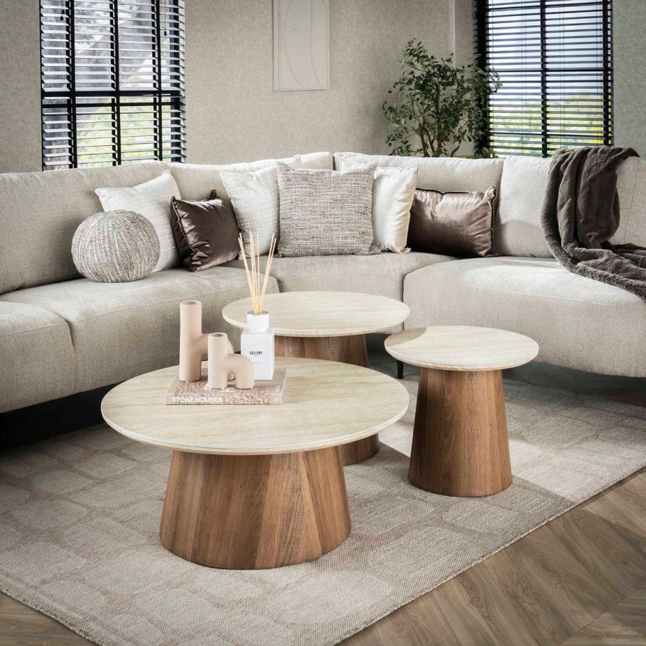 Fraaai Dexter salontafel set van 3 tapse poot - mdf/keramiek travertine