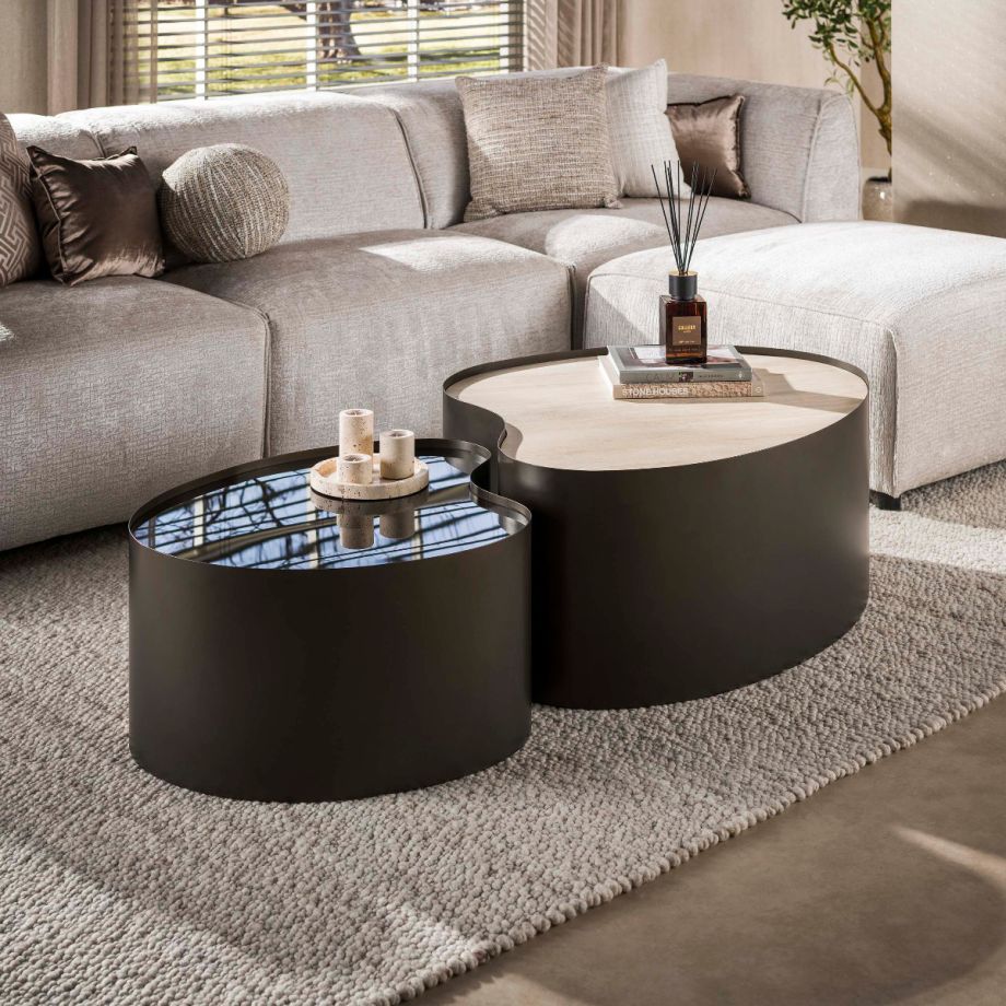 Fraaai Garth salontafel organisch set van 2 - 3D keramiek travertin