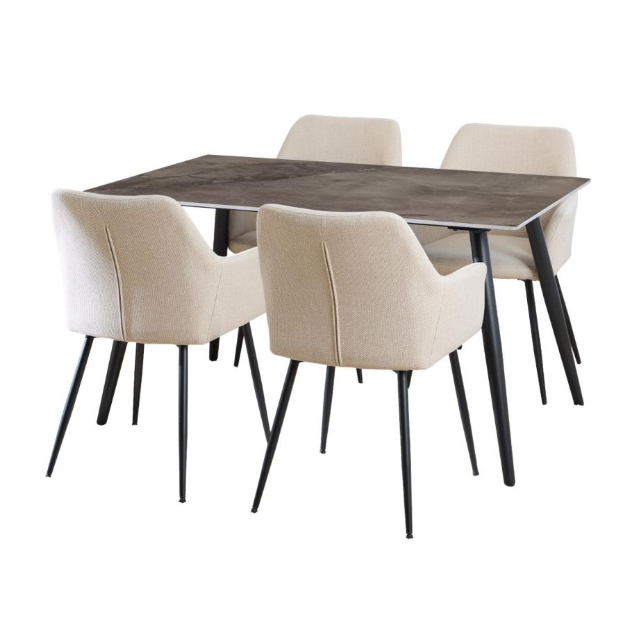 Nøra Kristina rechthoekige eettafel 140x80x75 cm - grijs + 4 eetkamerstoelen | stof Basel - beige