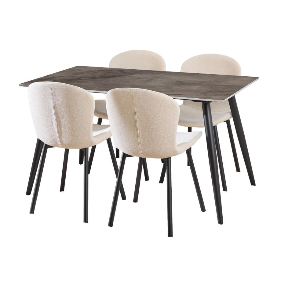 Nøra Kristina rechthoekige eettafel 140x80x75 cm - grijs + 4 eetkamerstoelen | stof Apia - beige