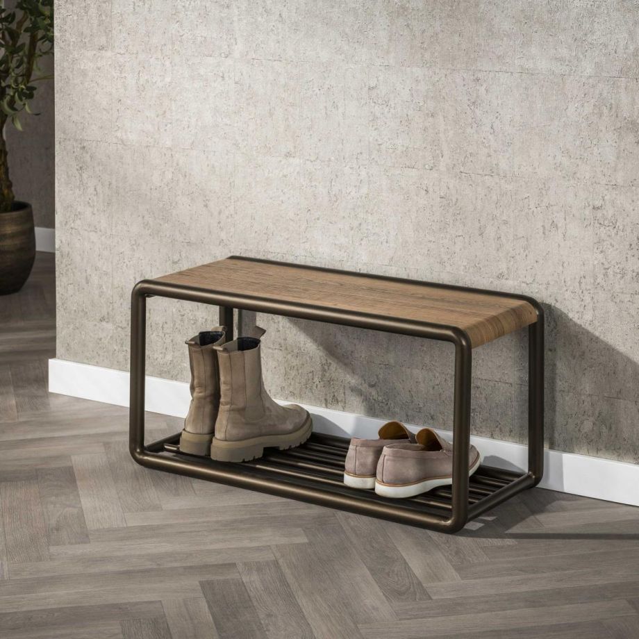 Fraaai Esposito schoenenrek en bankje - eikenlook en staal
