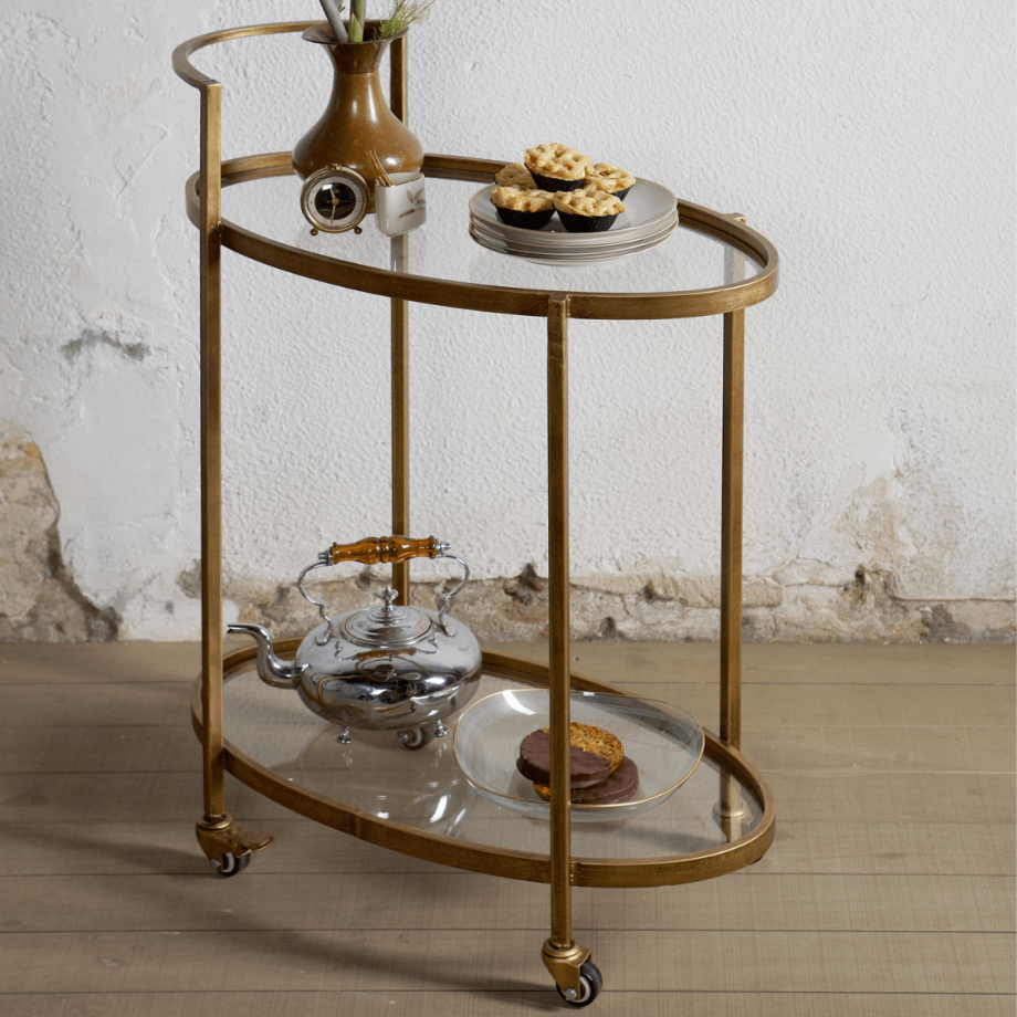 Woood Trolley Push Metaal Antique Brass
