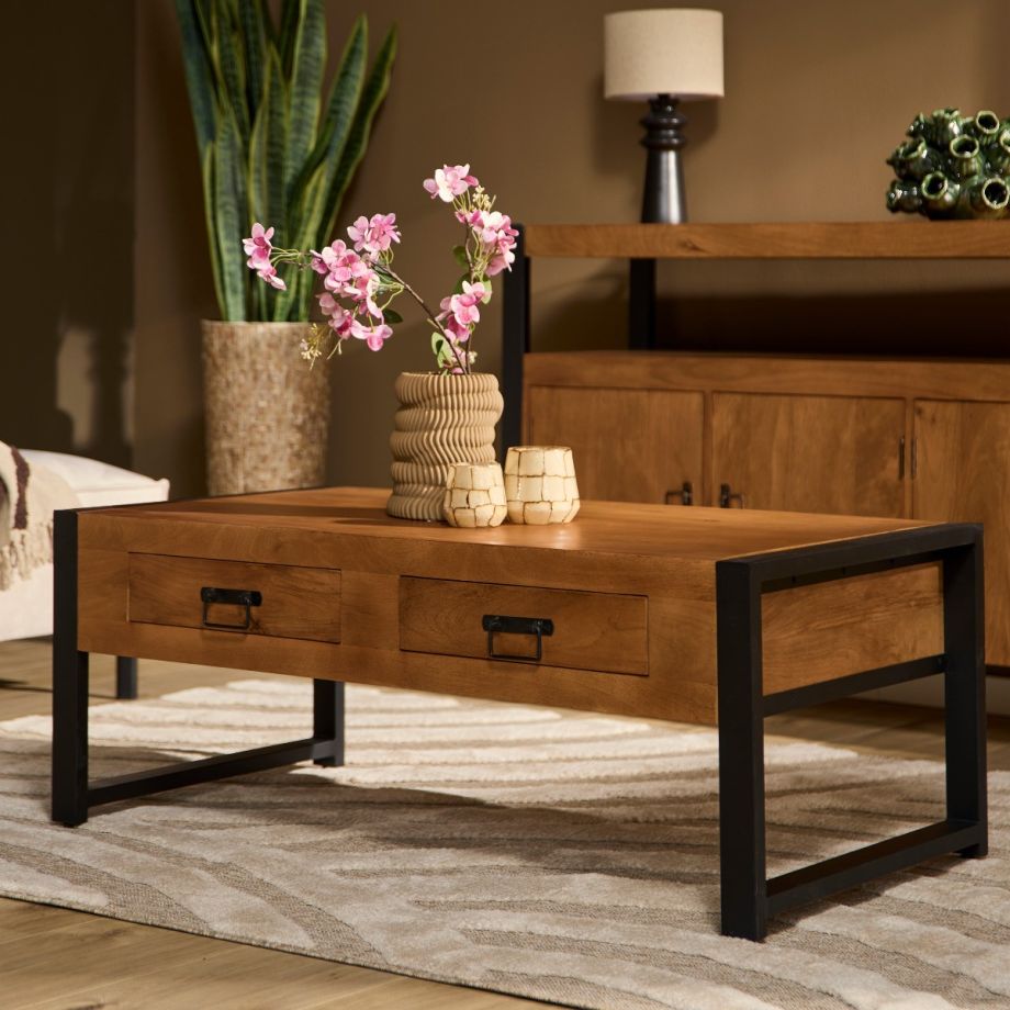 Salontafel Boaz met 2 lades - 120 cm - naturel