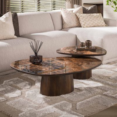 Fraaai Esmere salontafel driehoekig set van 2 - keramiek dark emperador