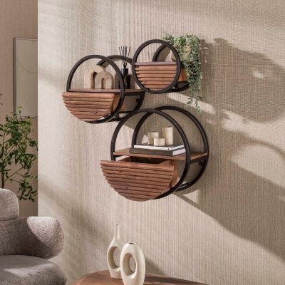 Fraaai Hardy wandschap rond 1 lade Ø40 cm - massief acacia bruin - brons metaal