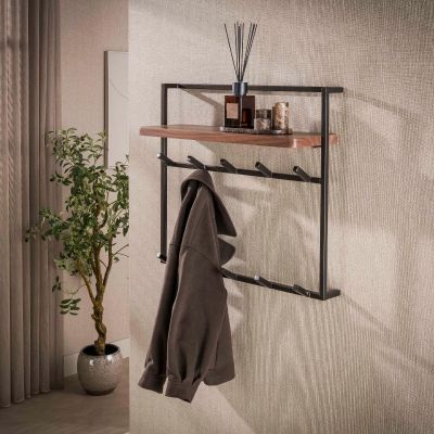 Fraaai Reynaldo kapstok hoog 2x6 haken - massief acacia - bruin - brons metaal