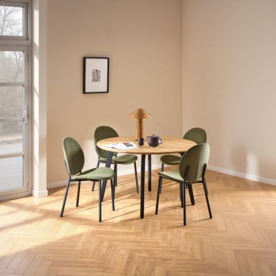 Nøra Laurens ronde eettafel Ø120x75 cm + 4 eetkamerstoelen stof Caso - naturel/groen