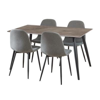 Nøra Kristina rechthoekige eettafel 140x80x75 cm - grijs + 4 eetkamerstoelen | stof Nesia - donkergrijs
