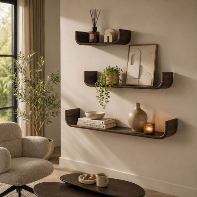 Fraaai Rebecca wandplank teak u-vorm - set van 3 - massief teak espresso