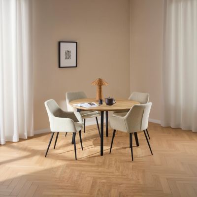 Nøra Laurens ronde eettafel Ø120x75 cm + 4 eetkamerstoelen stof Basel - naturel/beige