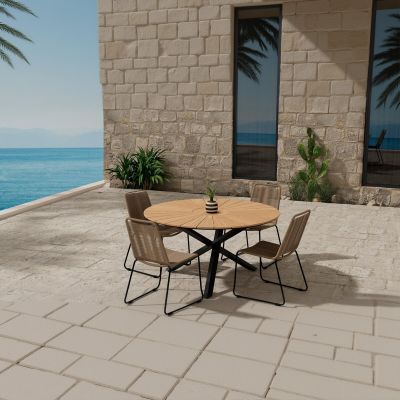Svea Kathrine ronde tuintafel - zwart + 4x Thelma eetkamerstoelen - bruin