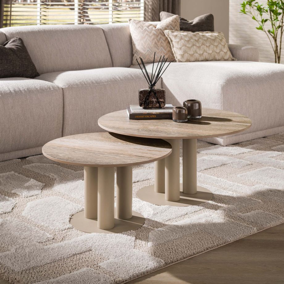 Fraaai Elian salontafel rond set van 2 - 3D travertin zand