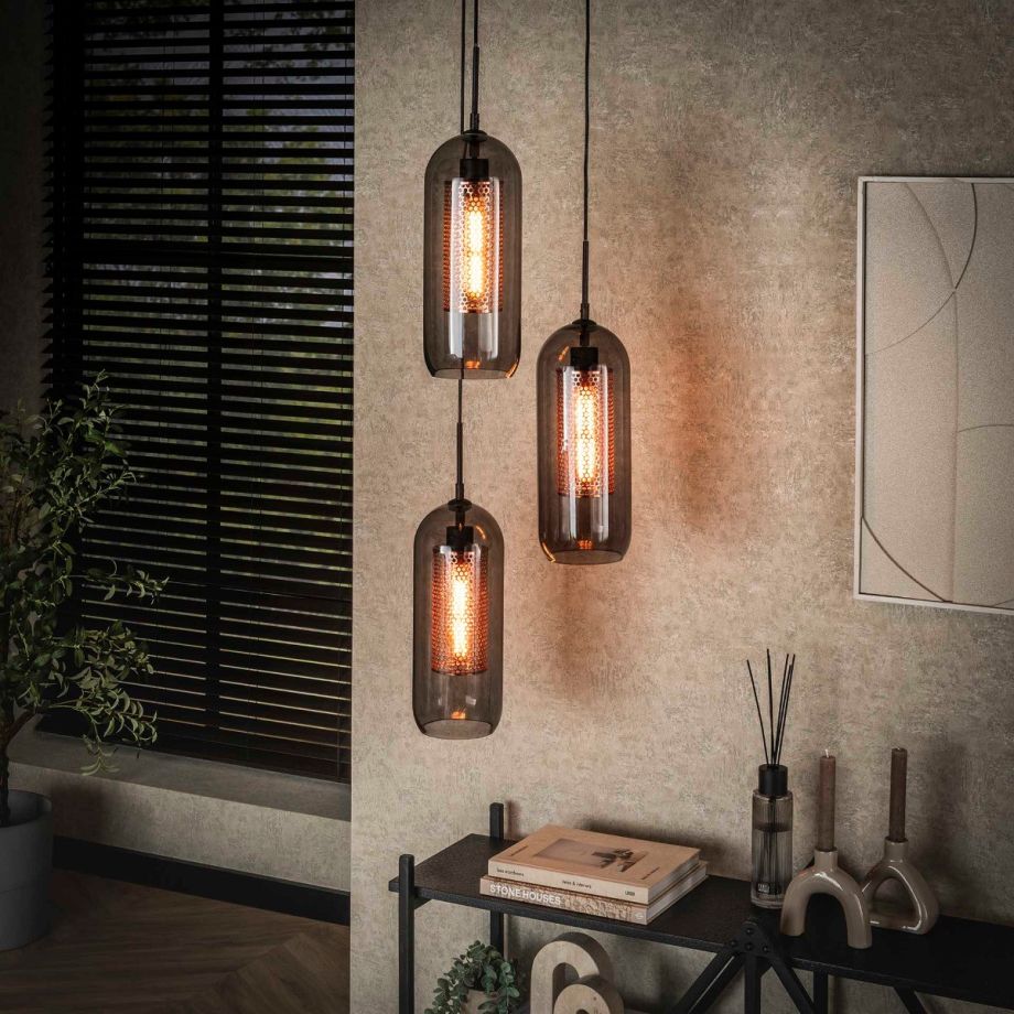 Fraaai Wrexham hanglamp 3L getrapt staal smoke