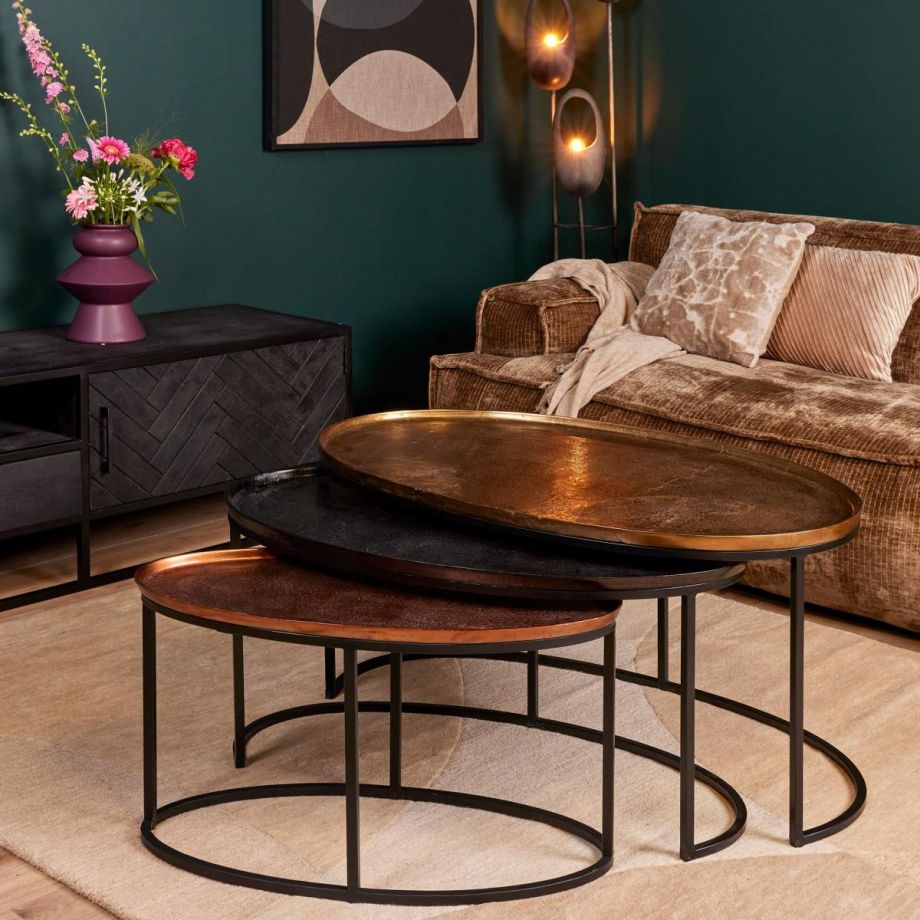 Starfurn Ovale salontafels Raley - set van 3 - goud/zwart/koper