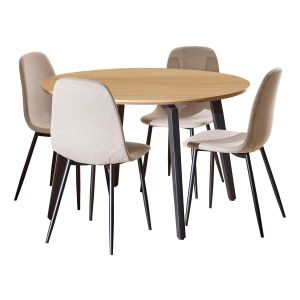 Nøra Laurens ronde eettafel Ø120x75 cm + 4 eetkamerstoelen stof Nesia - naturel/beige